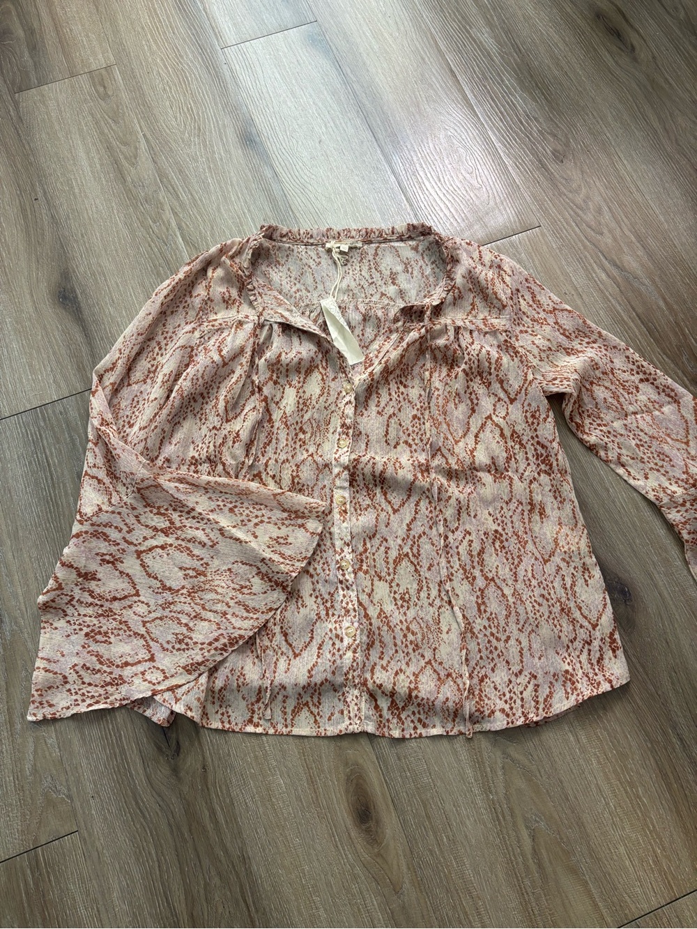 Anthropologie Pink and Rust Printed Button-Front Blouse